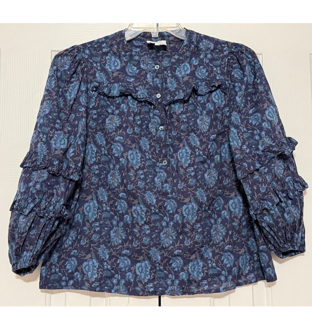 Anthropologie Sundays Cotton Blue Floral Print Blouse, Size S